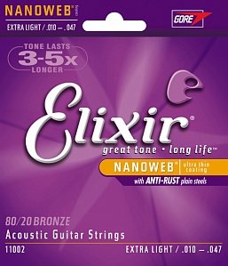 Elixir 11002 NANOWEB комплект струн для акустической гитары, бронза 80/20, Extra Light 10-47 от музыкального магазина МОРОЗ МЬЮЗИК
