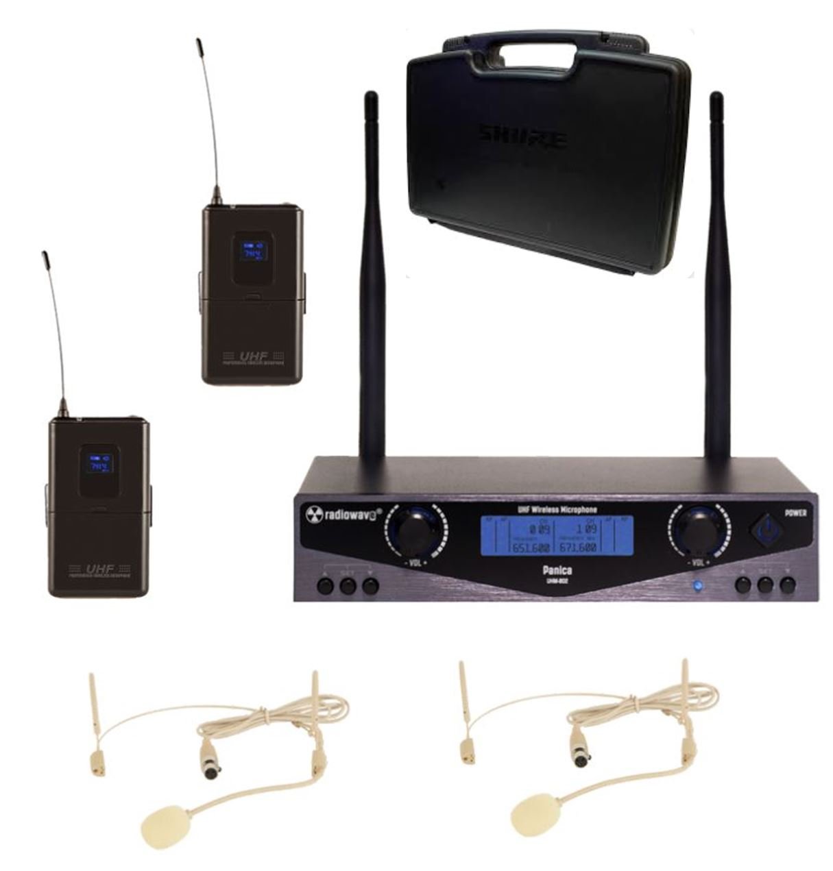 Radiowave UHS-802S (КЕЙС) радиосистема с 2 головными микрофонами телесного цвета, UHF 650-740MHz, 100 каналов, 80 метров, 8 часов, выходы XLR от музыкального магазина МОРОЗ МЬЮЗИК